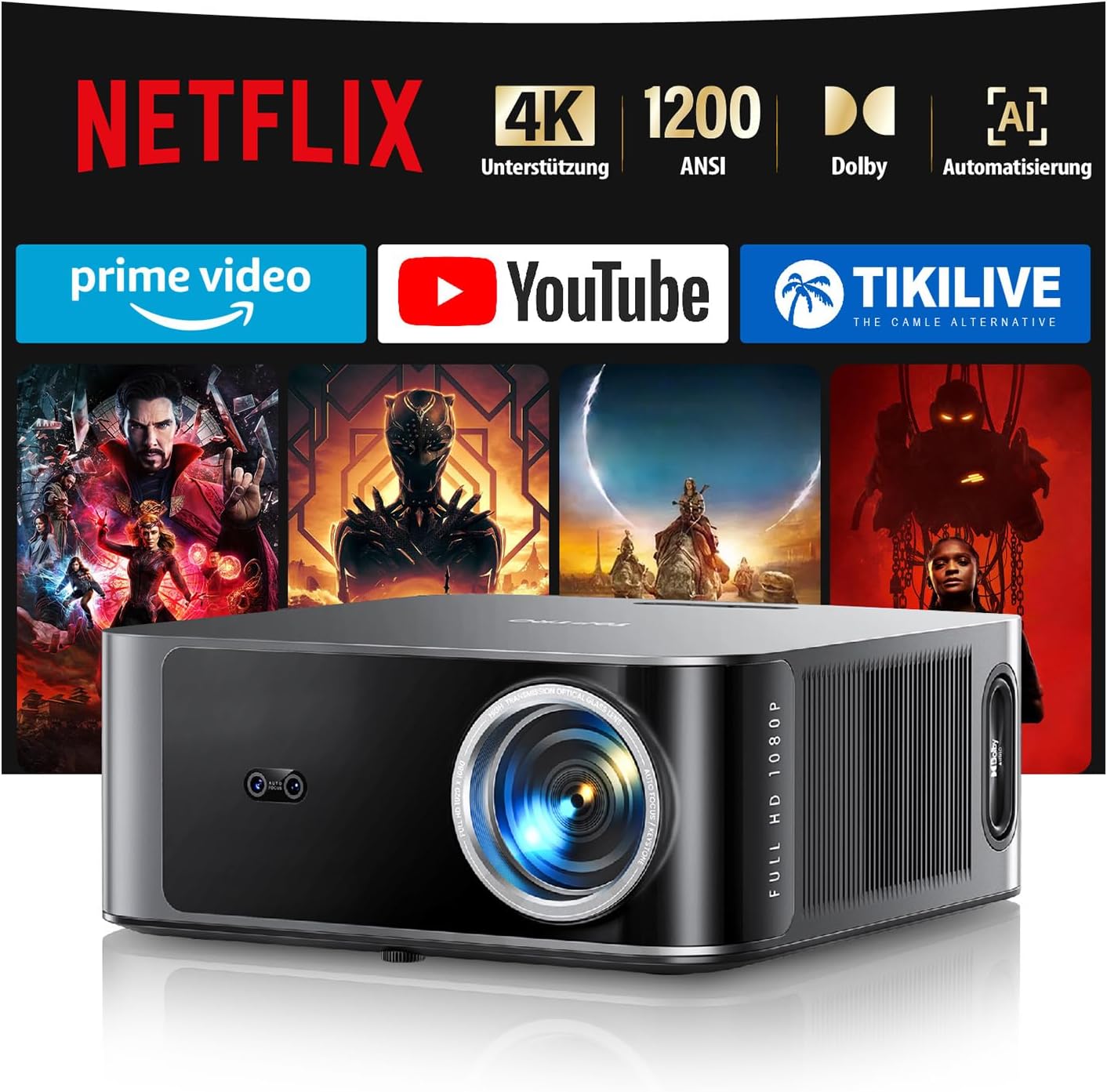 TOPTRO X9 4K Smart Beamer: Netflix, Dolby Audio, 1200 ANSI, KI-Autofokus, WiFi