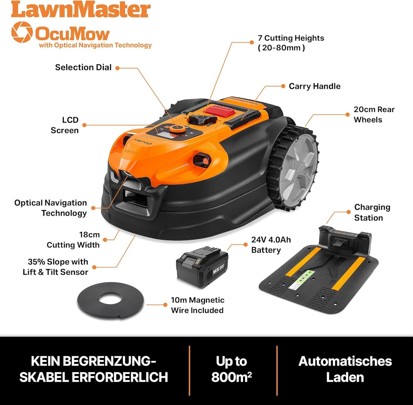 LawnMaster VBRM18AMID4R Mähroboter 800 m², ohne Kabel, WiFi & App