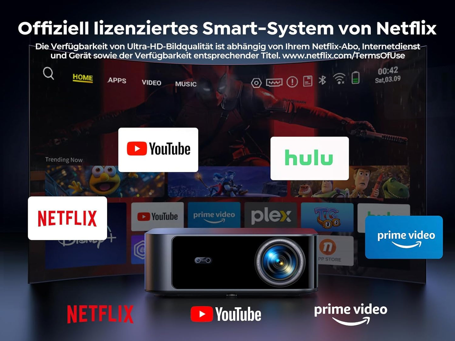 TOPTRO X9 4K Smart Beamer: Netflix, Dolby Audio, 1200 ANSI, KI-Autofokus, WiFi