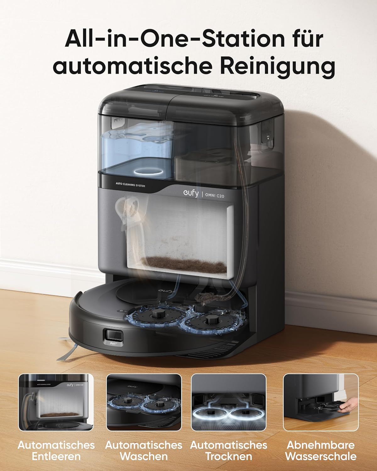 Eufy Omni C20, 7.000Pa, All-in-One-Station, Auto-Entleerung & -Reinigung, 8,5 cm, mit Wischfunktion