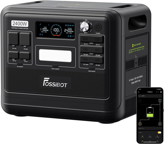 FOSSiBOT F2400 Solar Generator mit 200W Solar Panel, 2400W Tragbare Powerstation 2048Wh LiFePO4 with 3AC Ausgabe (4800W Peak), 13 Steckdosen Stromspeicher für Outdoor, Camping im Wohnmobil Backup