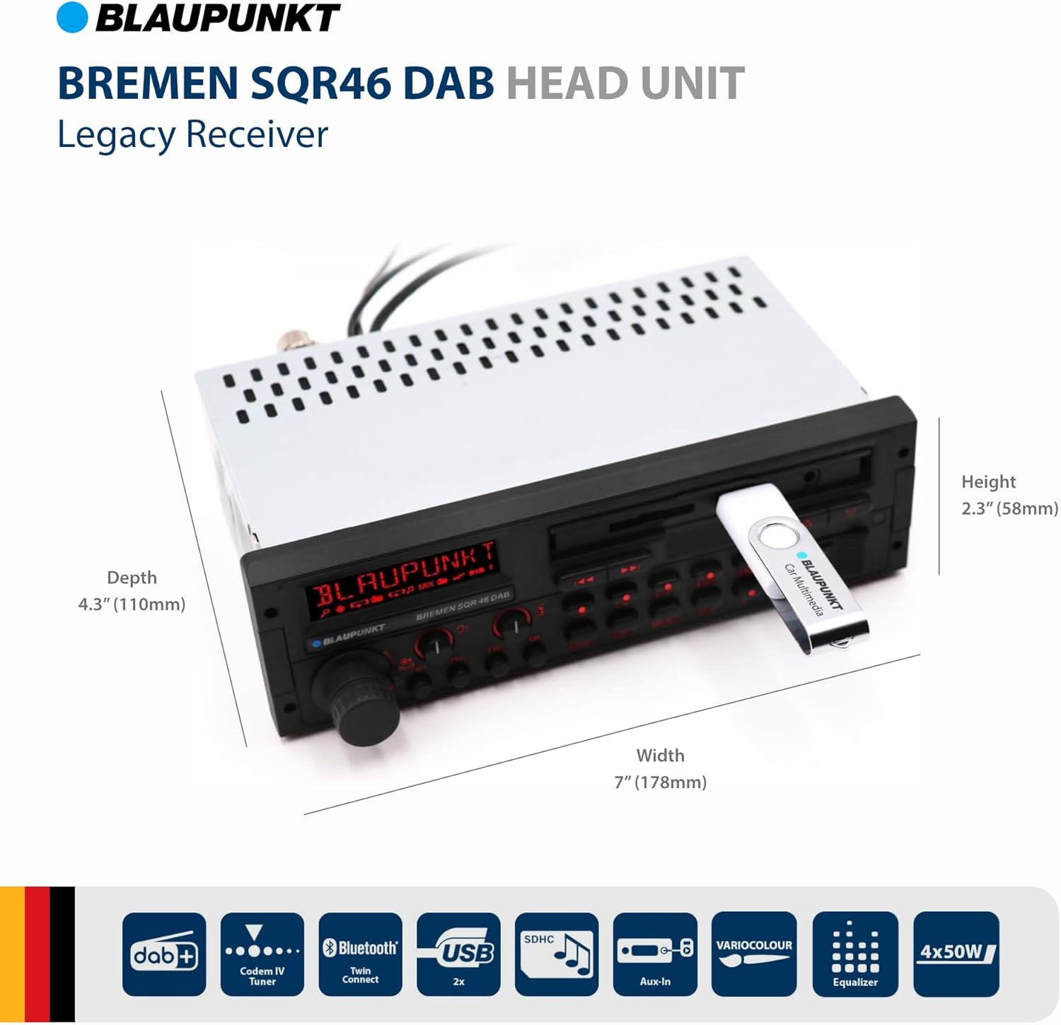 Blaupunkt Bremen SQR 46 DAB Retro Autoradio: Bluetooth, DAB+, USB, Aux-In, 4x50W, Kurze Einbautiefe
