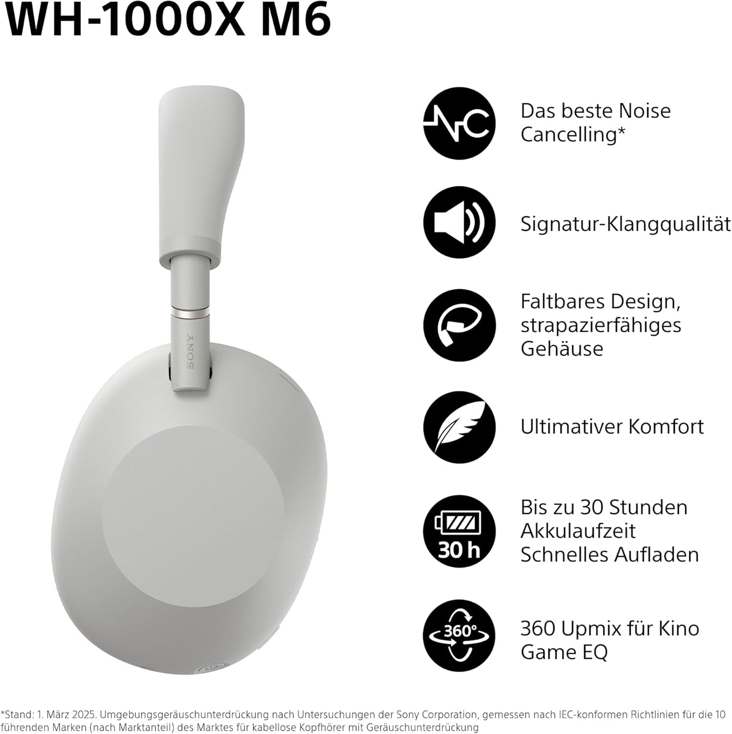 Sony WH-1000XM6 Over-Ear Noise Cancelling Kopfhörer: Hi-Res Sound, Komfort, faltbar, 30h Akku