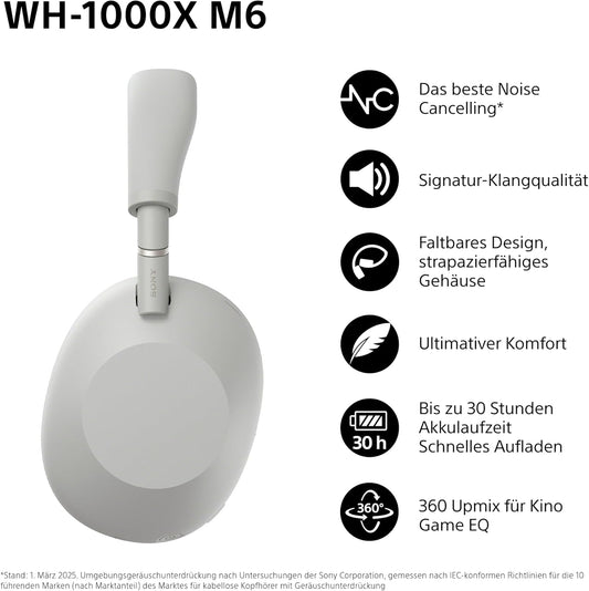 Sony WH-1000XM6 Over-Ear Noise Cancelling Kopfhörer: Hi-Res Sound, Komfort, faltbar, 30h Akku