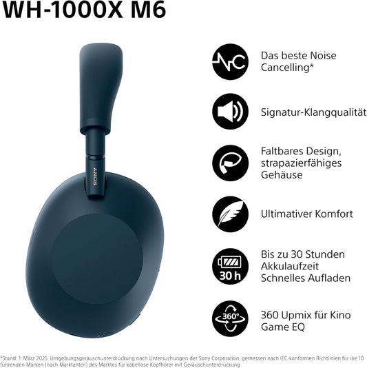 Sony WH-1000XM6 Flagship Noise Cancelling Over-Ear Kopfhörer – Hi-Res Sound, Komfort, faltbar, 30h Akku