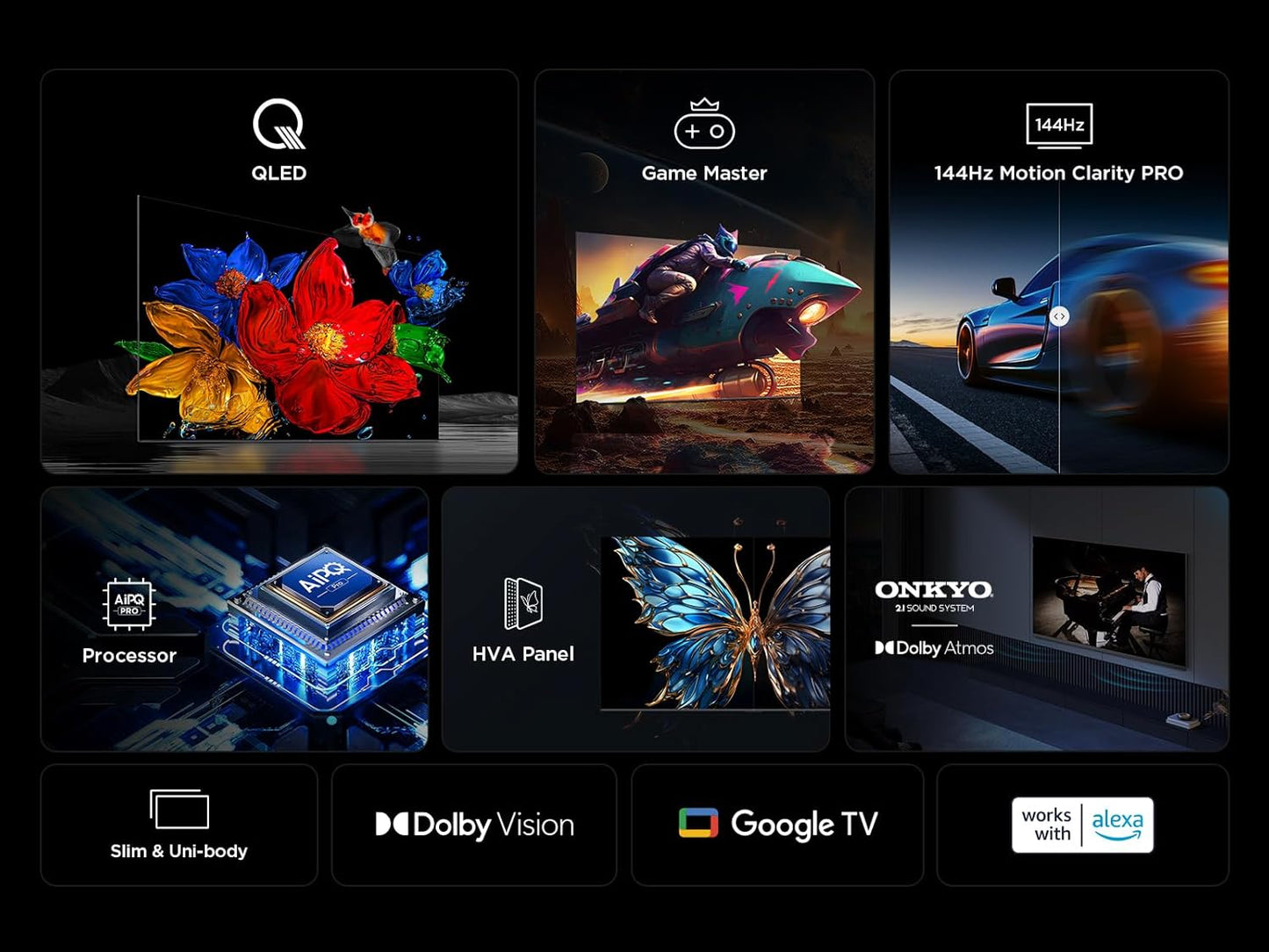 TCL 65 Zoll QLED 4K Smart Google TV, 144Hz Gaming, Onkyo Sound
