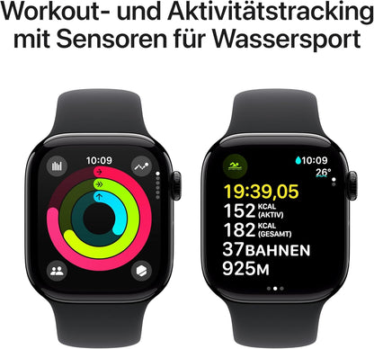 Apple Watch Series 10 GPS Smartwatch 42mm Alugehäuse Diamantschwarz Sportarmband M/L