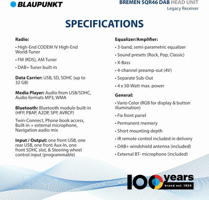 Blaupunkt Bremen SQR 46 DAB Retro Autoradio: Bluetooth, DAB+, USB, Aux-In, 4x50W, Kurze Einbautiefe