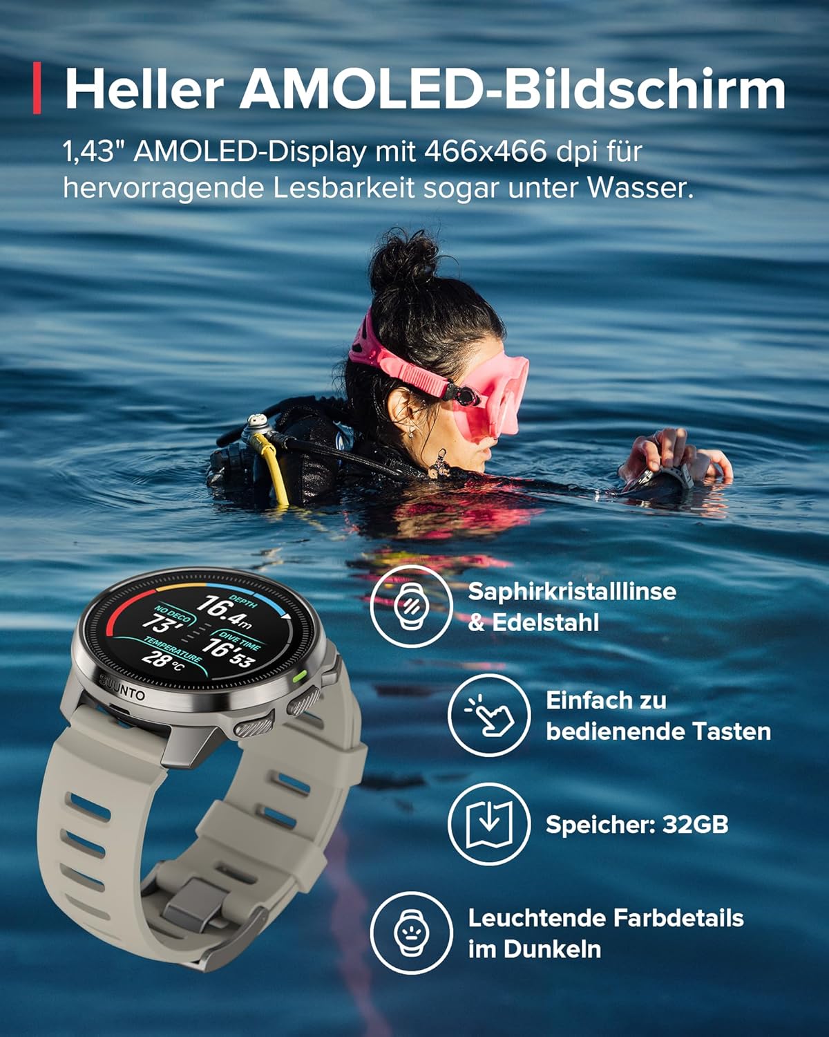 Suunto Ocean AMOLED Tauchcomputer & Multisportuhr: 100m Wasserdicht, GPS, Offline-Karten, 40h